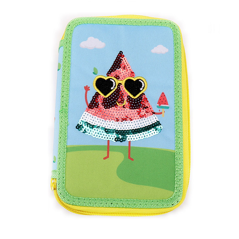 Sequin sulaman dicitak samangka Double Zippers pensil Case